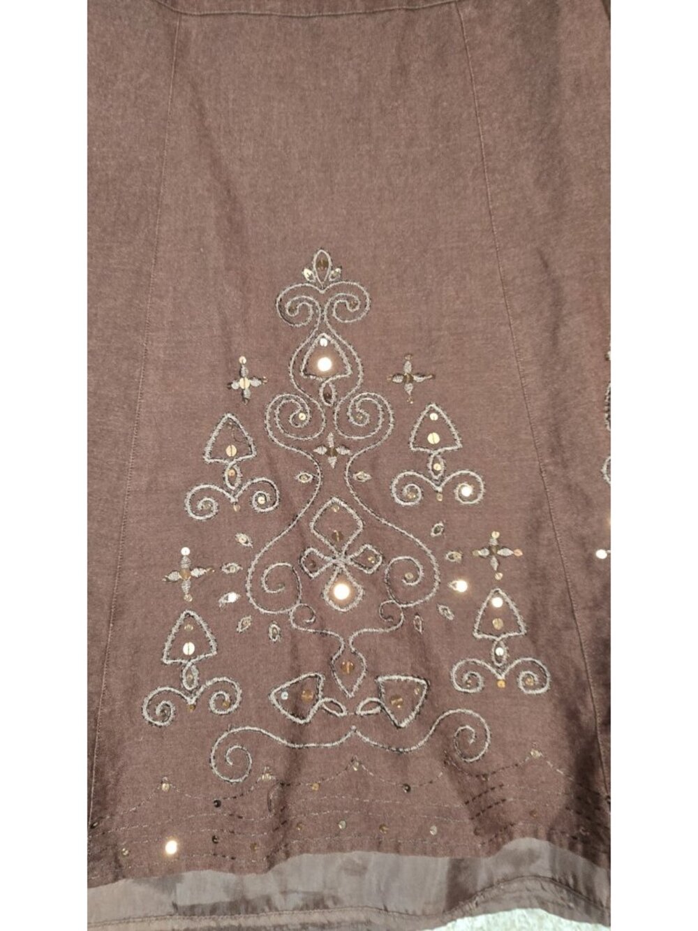 Dressbarn Brown Linen Blend A-Line Skirt Embroidered Sequin Boho Lined Women 16 - Picture 2 of 12